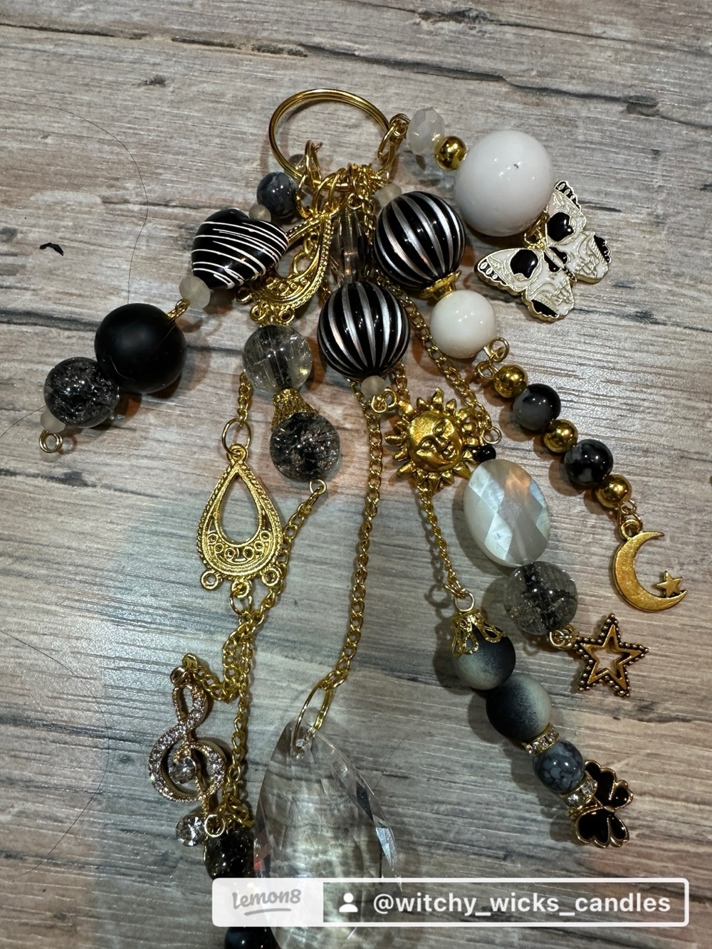 Handcrafted Black & White Beaded  bag charm with Gold Accents